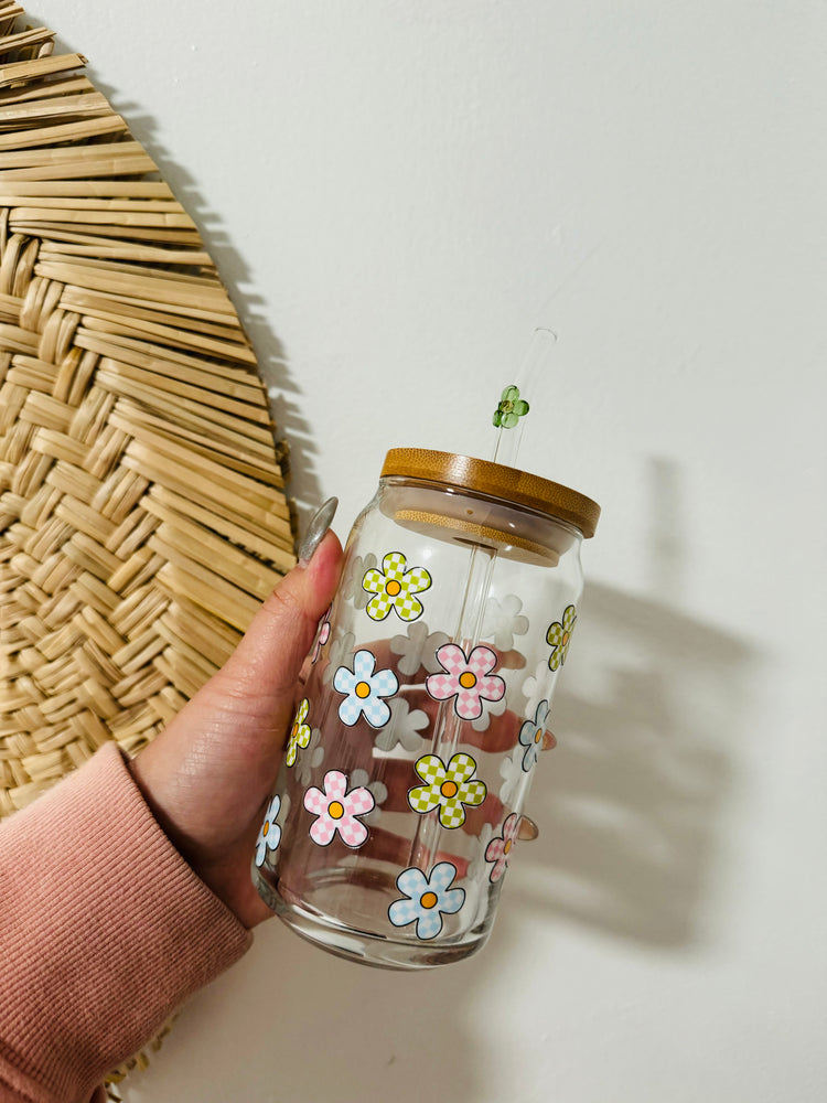 Checkered Daisies Beer Can Glass