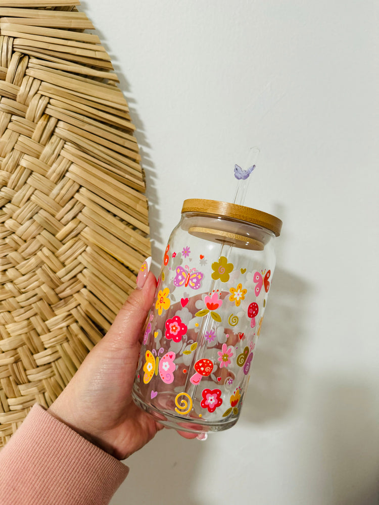 Butterfly Spring Doodles Beer Can Glass