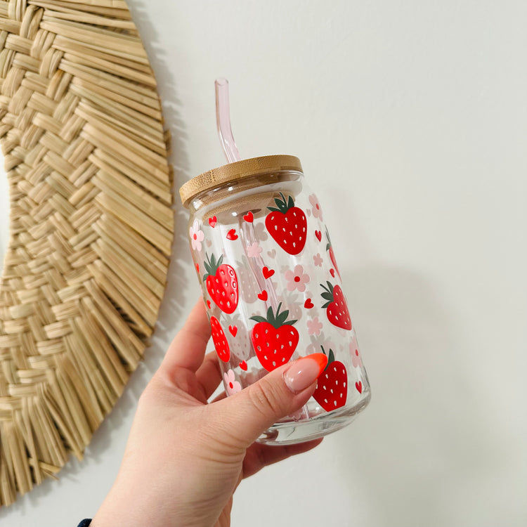 Strawberry and Flowers Beer Can Glass
