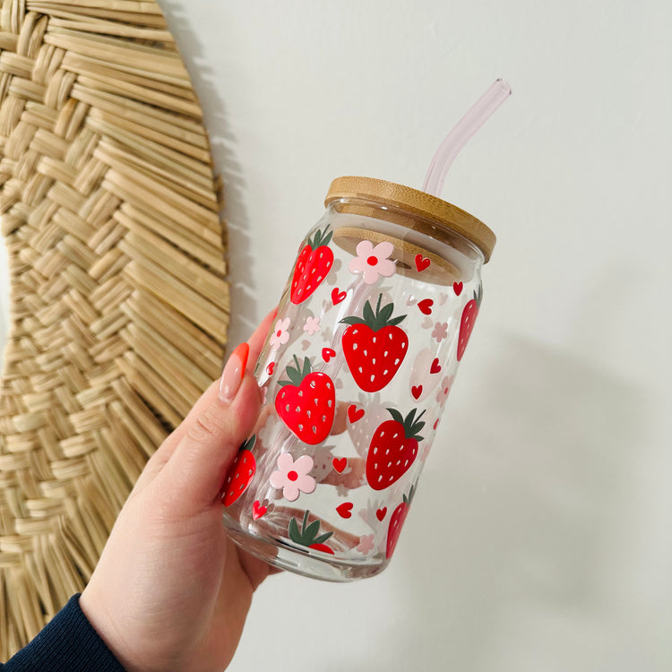 Strawberry and Flowers Beer Can Glass