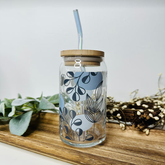 Blue Floral Boho Beer Can Glass