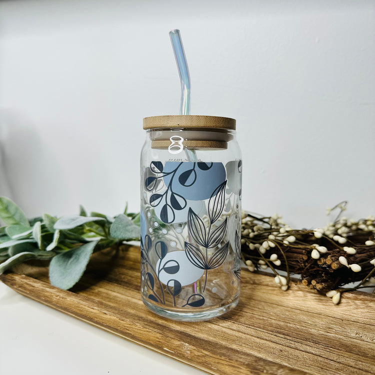 Blue Floral Boho Beer Can Glass